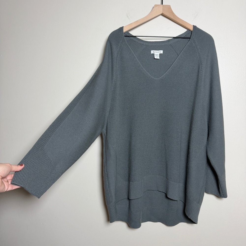 Athleta Women Merino Wool Hanover V-Neck Sweater 2X Gray Raglan Ribbed Trim